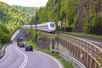InterCityExpress ICE en route on the winding railway line of the Geislinger Steige. Landscape on