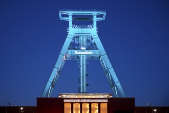 Illuminated headframe of the German Mining Museum at Extraschicht, Bochum, Ruhr area, North