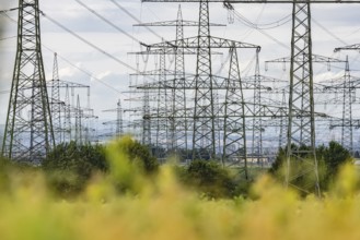 Many high-voltage power lines and lattice towers in the district of Ludwigsburg near Besigheim,