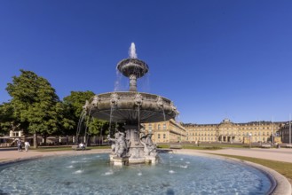 Schlossplatz Stuttgart with New Palace and fountain with fountain bowl. Place of interest in