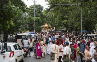Hindu devotees takes part in Rath Yatra religious procession Guwahati, India on June 27, 2025. Rath