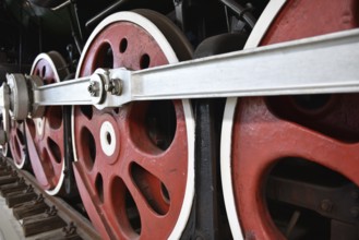 Driving wheels of the express train, steam locomotive P36 123 in the Prora Museum,