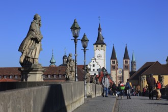 View over the Old Main Bridge to the Grafeneckart and St Kilian's Cathedral, Würzburg, Lower