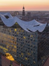 Aerial view of the Elbphilharmonie at sunset with illuminated windows and view over Hamburg and the