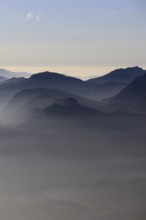 Mountain silhouettes... Alpine peaks and mountain ranges, Bavarian Alps, romantic view from