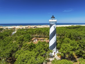 Phare de Contis Lighthouse from a drone, Saint Julien en Born, Saint-Julien-en-Born, Landes, France