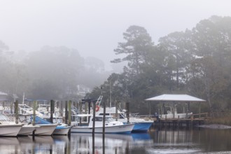 Private fishing boats in the harbor at Ocean Springs, Mississippi on a foggy morning