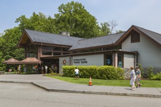 Exterior of the Oconaluftee Visitor Center at Great Smoky Mountains National Park near Cherokee,