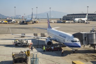 China Airlines jet on the tarmac at the Hong Kong International Airport in Hong Kong, China