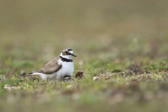 Old bird with offspring... Little Ringed Plover (Charadrius dubius) on a gravel bank, courting,