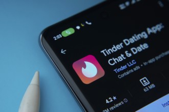 Dhaka, Bangladesh- 18 March 2025: The tinder app from Google Playstore is displayed on a smartphone