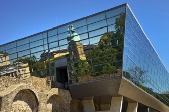 West side of the Darmstadtium congress centre with historic city wall in the centre of Darmstadt,