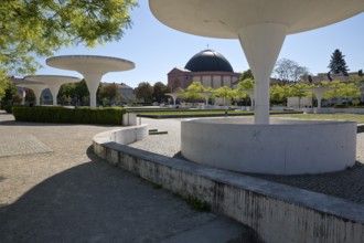 Georg-Büchner-Platz with white concrete mushrooms and St Ludwig's Church, public square, Darmstadt,