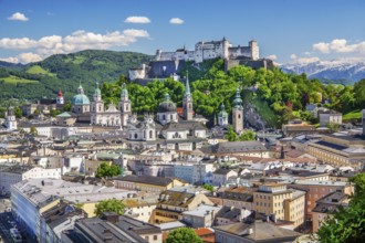 Panoramic view from the Mönchsberg with the churches of the old town and Hohensalzburg Fortress,