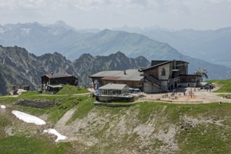 Edmund-Probst-Haus and Höfatsblick mountain station of the Nebelhornbahn, behind mountains of the