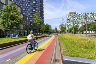 Rainbow cycle path through the university campus in Utrecht Science Park, 570 metres long, Utrecht