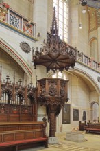 Pulpit with pulpit cover and wood carving, interior view, UNESCO, arts and crafts, pulpit bonnet,