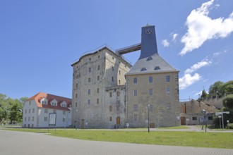Historic Borlachturm with clock and Witzlebenturm, landmark, museum, Bad Dürrenberg, Saxony-Anhalt,