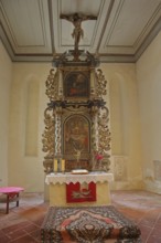High altar of the baroque St Mary's Church, interior view, carpet, Gräfenhainichen, Saxony-Anhalt,