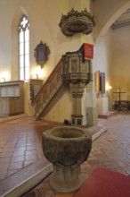 Pulpit with pulpit lid and baptismal font of the baroque St. Marien Stadtkirche, interior view,
