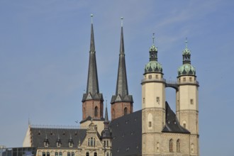 Late Gothic market church with two twin towers, four, towers, landmark, market square, Halle an der