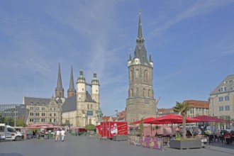 Market square with Red Tower and late Gothic market church with twin towers, landmark, people,