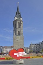 Red tower with heart and inscription, in love, in, love, heart-shaped, symbol, love, love,