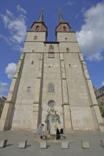 Late Gothic Market Church of Our Lady, Renaissance, landmark, twin towers, view upwards, Hallplatz,