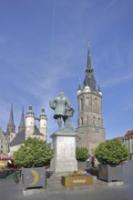 Market Square with Red Tower and Market Church with Twin Towers, Landmark, Handel Monument, Handel