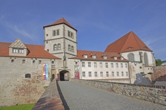 Moritzburg castle built in 1484 and entrance via bridge to the art museum, archway, Halle an der