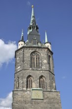 Spire, Red Tower, clock, free-standing, landmark, market square, Halle an der Saale, Saxony-Anhalt,