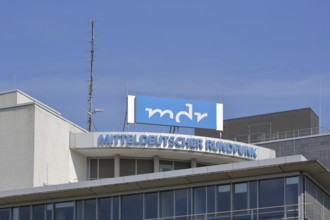 Modern building of the MDR, Mitteldeutscher Rundfunk, television station, roof, inscription, Halle