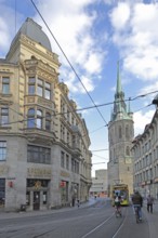 Kleinschmieden with tram tracks, and Red Tower on the market square, overhead lines, rails, tram,