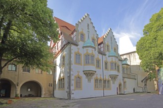 Inner courtyard of the historic Moritzburg built in 1484, building with oriel and stepped gableArt