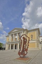 Opera House with sculpture Reliquie Mensch by Michael Morgner 2011, rusty steel sculpture, Modern