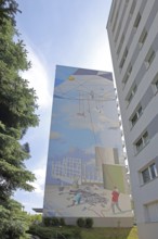 Mural by Danilo Halle 2019 on skyscraper, street art, graffiti, figures, hold, rope, high, sky,