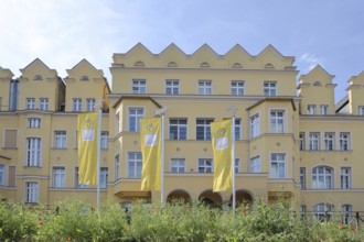 St Elisabeth Hospital with flags, Halle an der Saale, Saxony-Anhalt, Germany