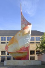 Sculpture flag monument created 1967, flame of revolution, modern art, colourful, spiral, pointed,