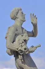 Sculpture Göbelbrunnen by Bernd Göbel 1999, bronze sculpture, modern art, shepherd carries lamb in