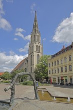 St Maximi's Church and Two Worlds Fountain by Bernd Göbel, Entenplan, Merseburg, Saxony-Anhalt,