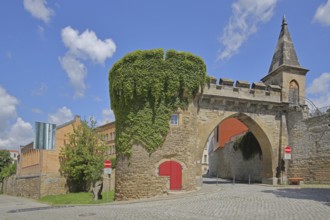 Historic Crooked Tor, city gate with archway, tower, city fortification, city wall, Merseburg,