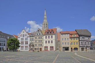 Market square with historic houses and steeple of St Maximi's Church, Merseburg, Saxony-Anhalt,