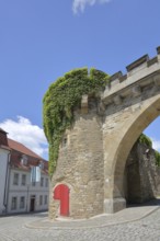 Historic Crooked Tor, city gate with archway, tower, city fortification, city wall, Merseburg,