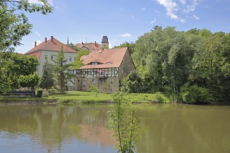 Saale river and historic half-timbered house Neumarktmühle, Saale valley, Merseburg, Saxony-Anhalt,