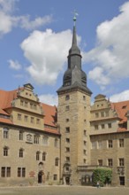 Inner courtyard with tower of the castle built in 1265, art history museum, landmark, Merseburg,