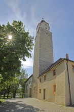 Castle with tower and museum in backlight, sunbeams, Lützen, Saxony-Anhalt, Germany
