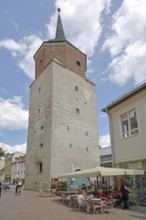 Hallescher Turm built in 1452, historic town tower, street pub, with people, Hallescher Turm,