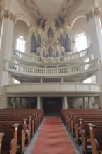 Organ of the baroque town church, pulpit dome, soundboard, pulpit canopy, interior view, St