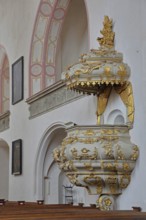 Pulpit with pulpit cover of the baroque town church, pulpit bonnet, sounding board, pulpit canopy,