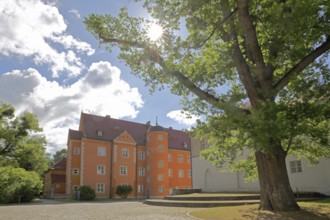 Prince's house backlit by the former Cistercian abbey, Schulpforte, Pforta State School, Bad Kösen,